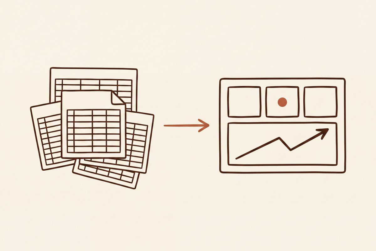 Illustration: aus einem Stapel unübersichtlicher Tabellen wird ein aufgeräumtes Dashboard mit Kennzahlen und Trendkurve