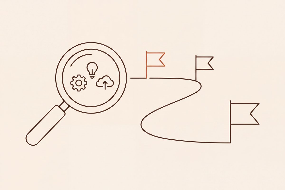 Illustration: eine Lupe analysiert Systeme, daraus entsteht ein Fahrplan mit drei Etappen – die erste ist als Priorität markiert