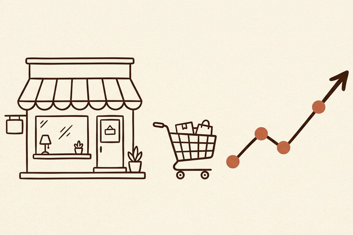Illustration: ein Ladengeschäft, ein Einkaufswagen mit Waren und eine steigende Umsatzkurve