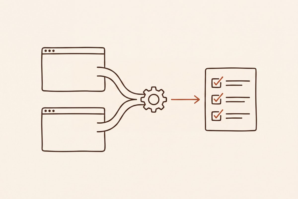 Illustration: zwei Systeme werden über ein Zahnrad automatisch verbunden – heraus kommt eine abgearbeitete Aufgabenliste