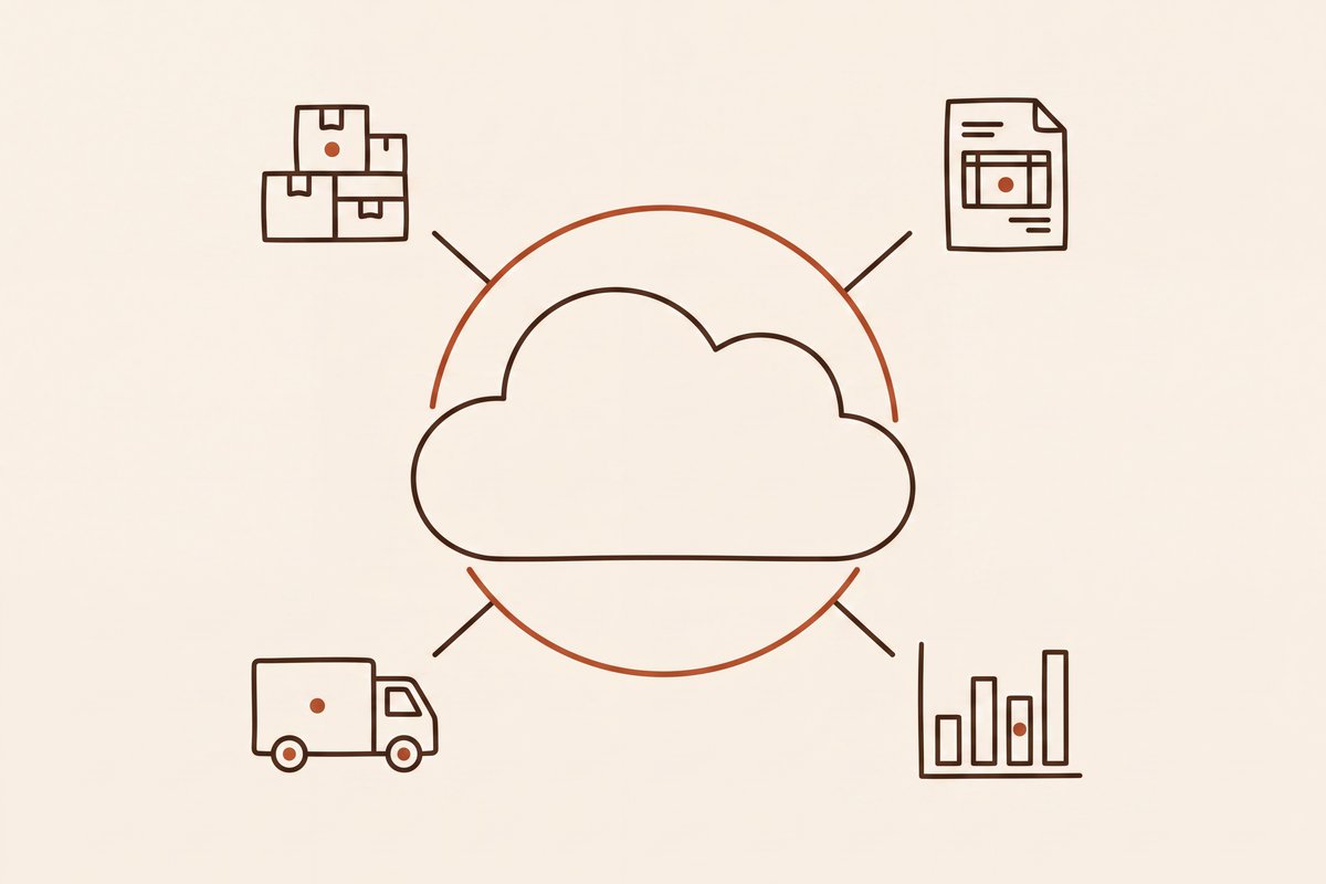 Illustration: ein zentrales Cloud-ERP verbindet Lager, Rechnungen, Versand und Auswertungen